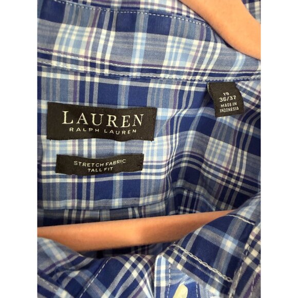 LAUREN RALPH LAUREN BLUE PLAID DRESS SHIRT BUTTON DOWN LONG SLEEVE STRETCH TALL - Picture 2 of 2